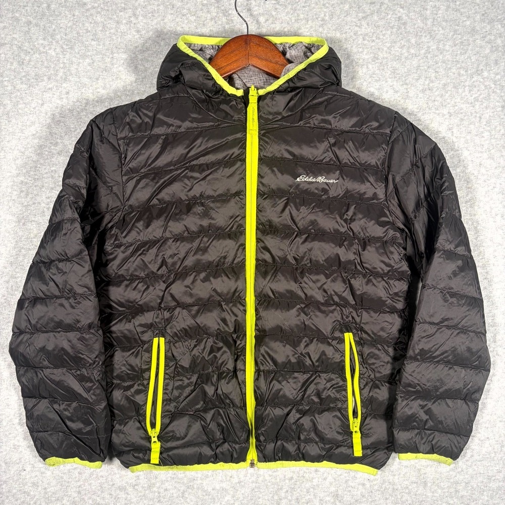 Eddie Bauer Reversible Puffer Jacket Boys Medium (10/12) Black Gray Nylon Hooded